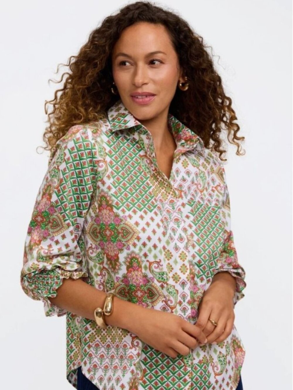 Foxcroft Olivia Patchwork 3/4 Sleeve Wrinkle-Free Button-Down Shirt Size M